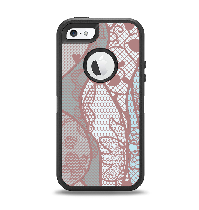 The Pink & Teal Lace Design Apple iPhone 5-5s Otterbox Defender Case Skin Set