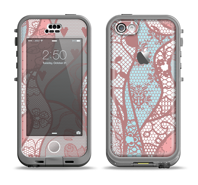 The Pink & Teal Lace Design Apple iPhone 5c LifeProof Nuud Case Skin Set