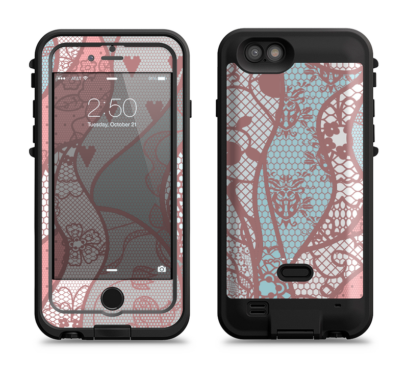 The Pink & Teal Lace Design Apple iPhone 6/6s LifeProof Fre POWER Case Skin Set