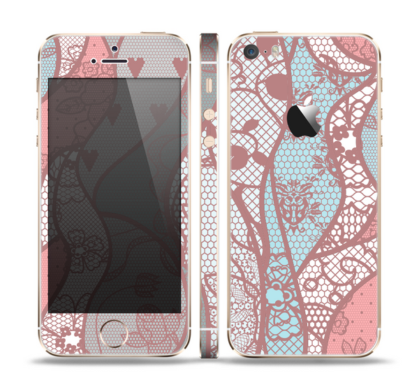 The Pink & Teal Lace Design Skin Set for the Apple iPhone 5s