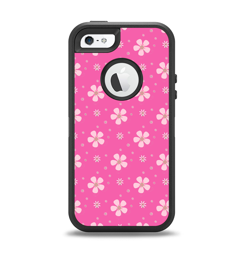 The Pink & Tiny White Floral Pattern Apple iPhone 5-5s Otterbox Defender Case Skin Set