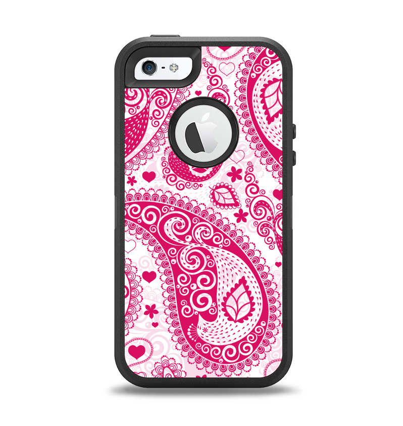The Pink & White Paisley Pattern V421 Apple iPhone 5-5s Otterbox Defender Case Skin Set