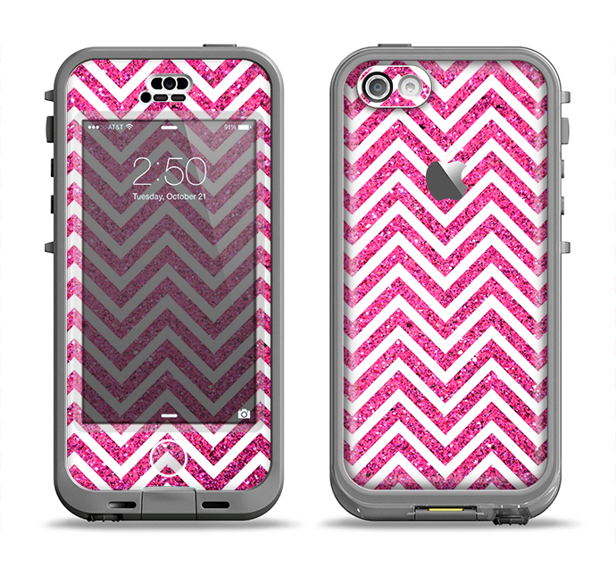 The Pink & White Sharp Glitter Print Chevron Apple iPhone 5c LifeProof Nuud Case Skin Set