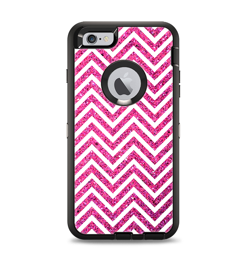 The Pink & White Sharp Glitter Print Chevron Apple iPhone 6 Plus Otterbox Defender Case Skin Set