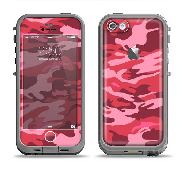 The Pink and Red Tradtional Camouflage Apple iPhone 5c LifeProof Fre Case Skin Set