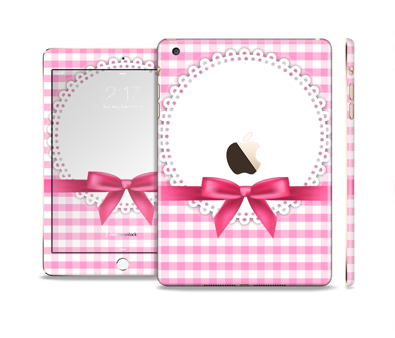 The Pink and White Plaid with Lace and Ribbon Full Body Skin Set for the Apple iPad Mini 3