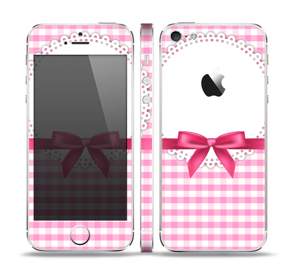 The Pink and White Plaid with Lace and Ribbon Skin Set for the Apple iPhone 5