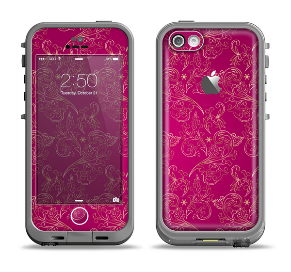 The Pink and Yellow Floral Vine Pattern Apple iPhone 5c LifeProof Fre Case Skin Set
