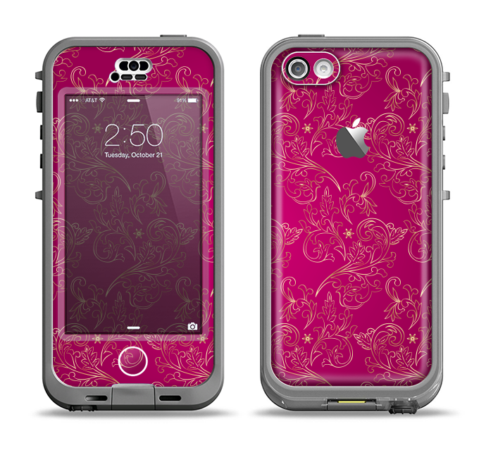The Pink and Yellow Floral Vine Pattern Apple iPhone 5c LifeProof Nuud Case Skin Set