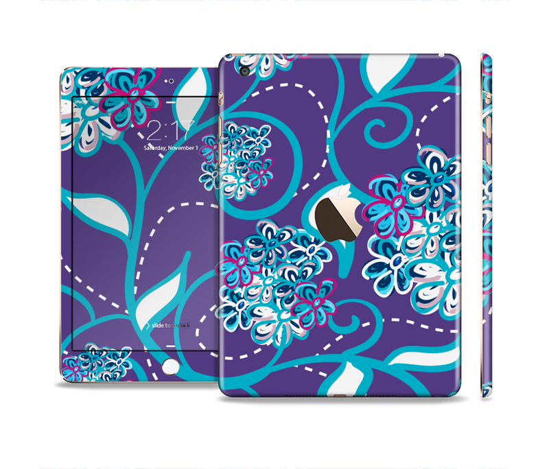 The Purple & Blue Vector Floral Design Full Body Skin Set for the Apple iPad Mini 3