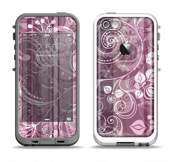 The Purple and Gray Stripes with Overlapping Floral Apple iPhone 5-5s LifeProof Fre Case Skin Set