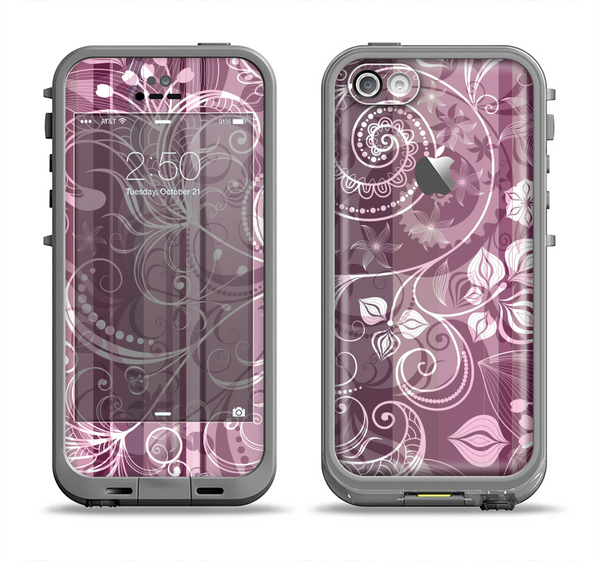 The Purple and Gray Stripes with Overlapping Floral Apple iPhone 5c LifeProof Fre Case Skin Set