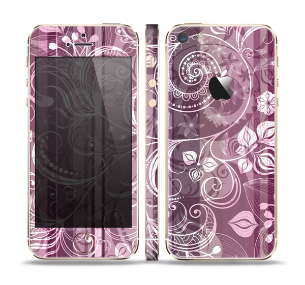 The Purple and Gray Stripes with Overlapping Floral Skin Set for the Apple iPhone 5s