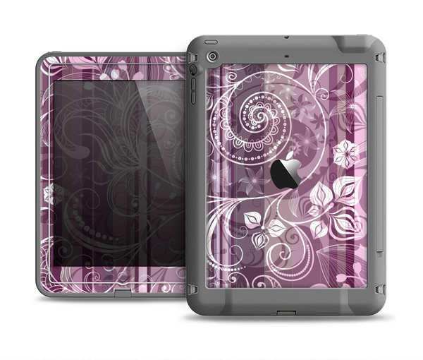 The Purple and Gray Stripes with Overlapping Floral Apple iPad Air LifeProof Fre Case Skin Set