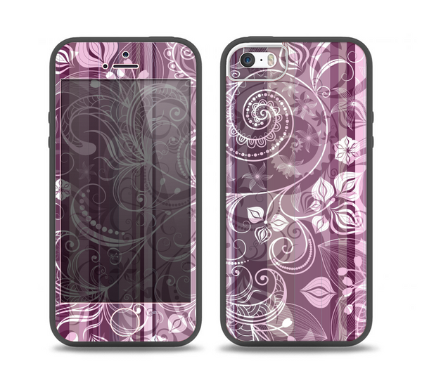 The Purple and Gray Stripes with Overlapping Floral Skin Set for the iPhone 5-5s Skech Glow Case