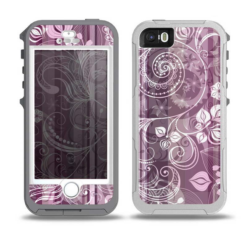 The Purple and Gray Stripes with Overlapping Floral Skin for the iPhone 5-5s OtterBox Preserver WaterProof Case
