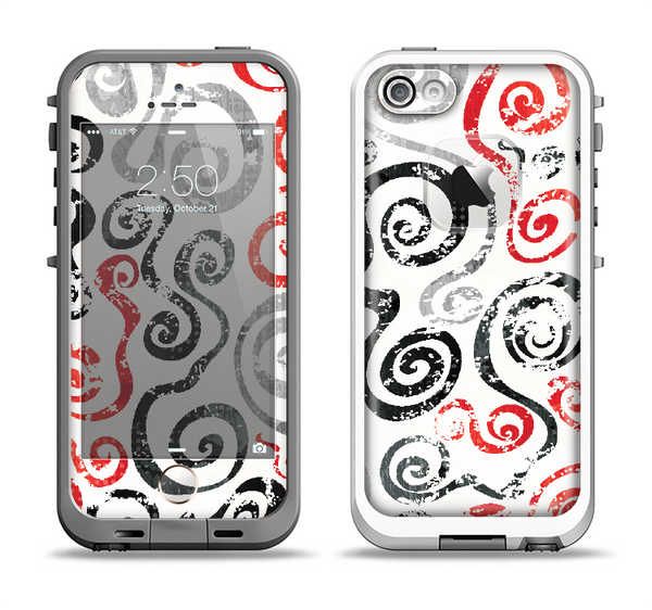The Red Accented Grayscale Swirl Pattern Apple iPhone 5-5s LifeProof Fre Case Skin Set