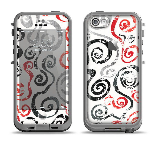 The Red Accented Grayscale Swirl Pattern Apple iPhone 5c LifeProof Fre Case Skin Set