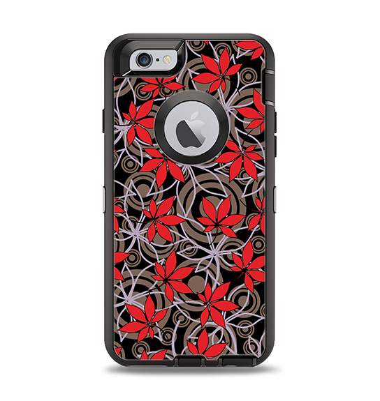 The Red Icon Flowers on Dark Swirl Apple iPhone 6 Otterbox Defender Case Skin Set