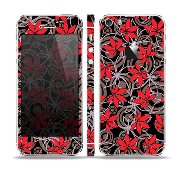 The Red Icon Flowers on Dark Swirl Skin Set for the Apple iPhone 5