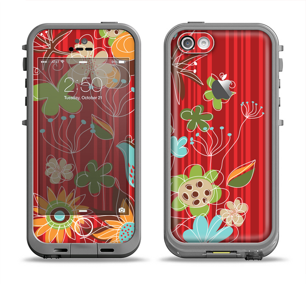The Red Striped Vector Floral Design Apple iPhone 5c LifeProof Fre Case Skin Set