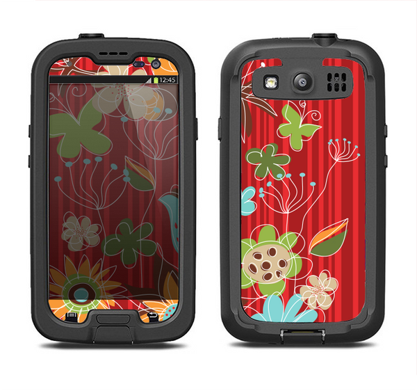 The Red Striped Vector Floral Design Samsung Galaxy S3 LifeProof Fre Case Skin Set