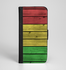 The Red, Yellow and Green Wood Planks Ink-Fuzed Leather Folding Wallet Case for the iPhone 6/6s, 6/6s Plus, 5/5s and 5c