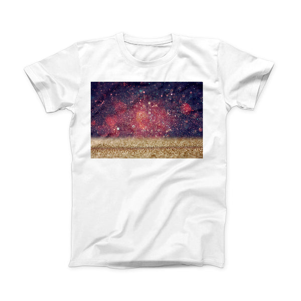 The Red and Blue Unfocused Orbs with Gold ink-Fuzed Front Spot Graphic Unisex Soft-Fitted Tee Shirt