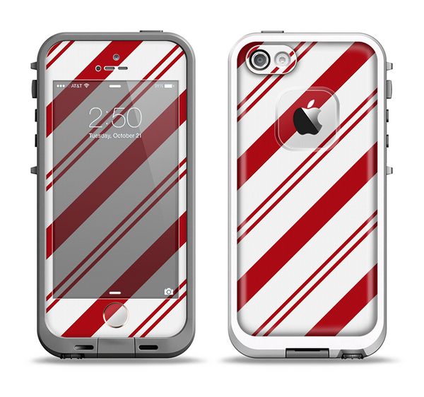 The Red and White Slanted Vector Stripes Apple iPhone 5-5s LifeProof Fre Case Skin Set