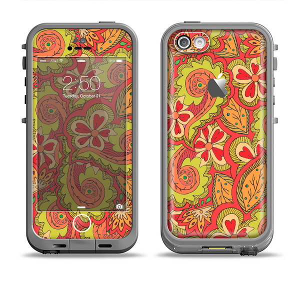 The Retro Red and Green Floral Pattern Apple iPhone 5c LifeProof Fre Case Skin Set