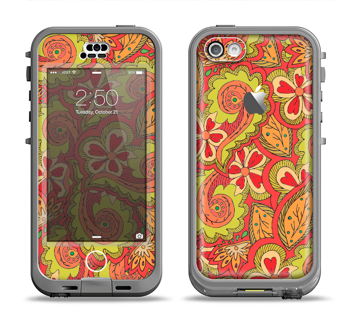 The Retro Red and Green Floral Pattern Apple iPhone 5c LifeProof Nuud Case Skin Set