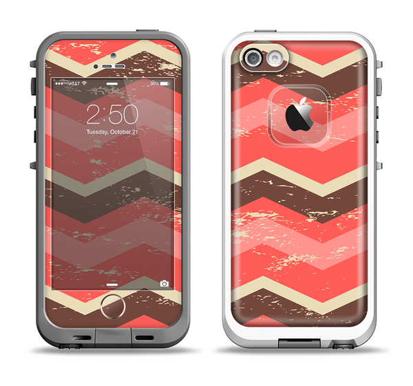 The Scratched Coral & Brown Layered Chevron V1 Apple iPhone 5-5s LifeProof Fre Case Skin Set
