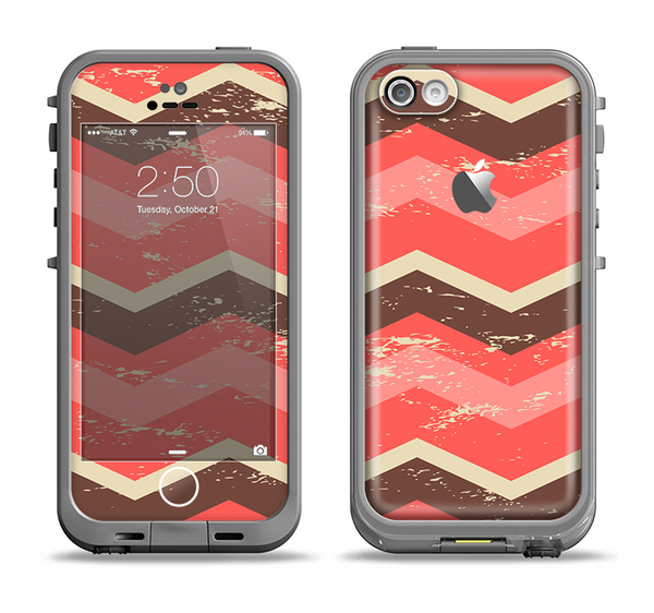 The Scratched Coral & Brown Layered Chevron V1 Apple iPhone 5c LifeProof Fre Case Skin Set