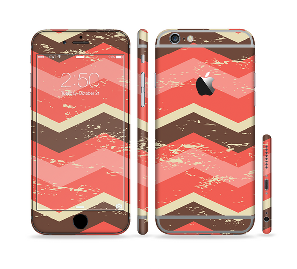 The Scratched Coral & Brown Layered Chevron V1 Sectioned Skin Series for the Apple iPhone 6 Plus