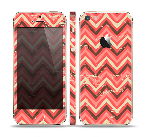 The Scratched Coral & Brown Layered Chevron V2 Skin Set for the Apple iPhone 5s
