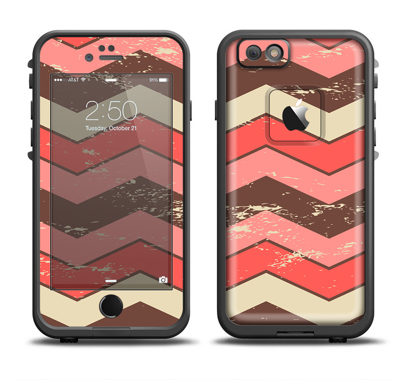 The Scratched Coral & Brown Layered Chevron V4 Apple iPhone 6/6s Plus LifeProof Fre Case Skin Set