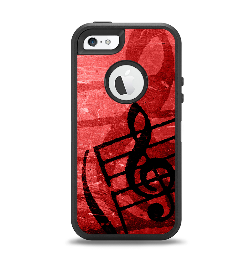 The Scratched Red Surface with Black Music Note Apple iPhone 5-5s Otterbox Defender Case Skin Set