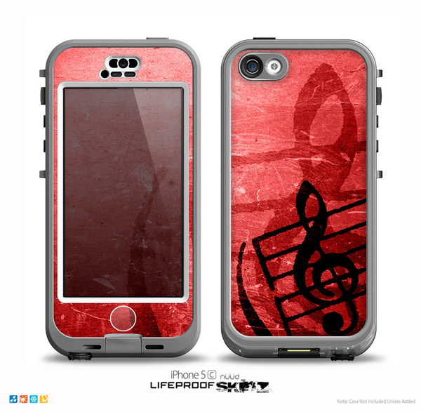 The Scratched Red Surface with Black Music Note Skin for the iPhone 5c nüüd LifeProof Case