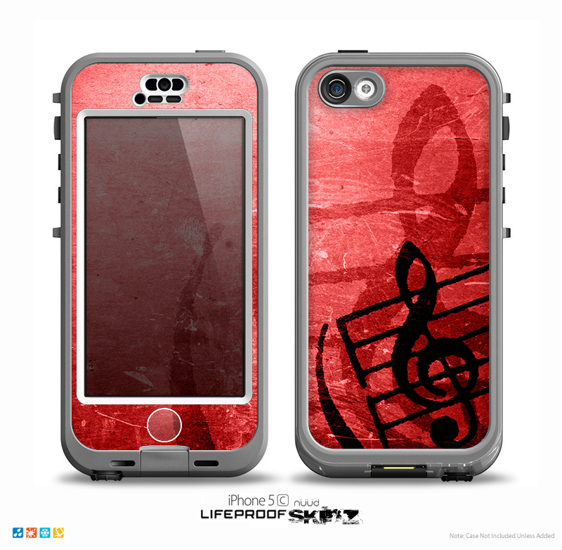 The Scratched Red Surface with Black Music Note Skin for the iPhone 5c nüüd LifeProof Case