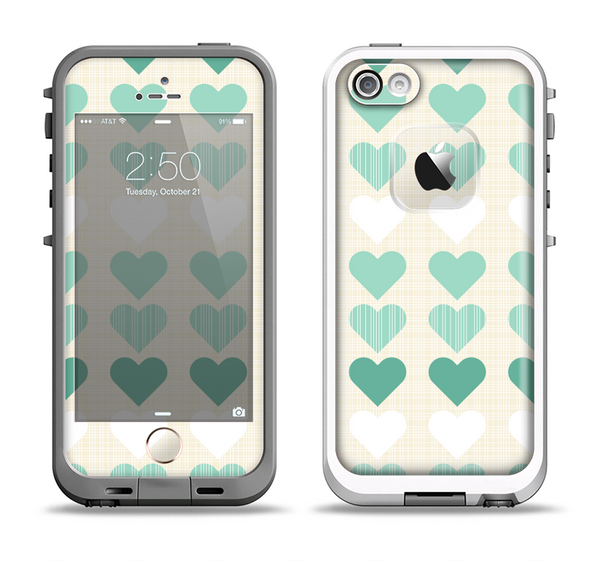 The Scratched Vintage Green Hearts Apple iPhone 5-5s LifeProof Fre Case Skin Set
