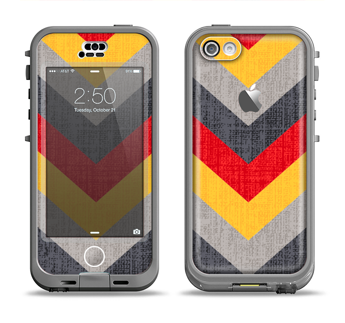 The Scratched Yellow & Red Accented Chevron Pattern V3 Apple iPhone 5c LifeProof Nuud Case Skin Set