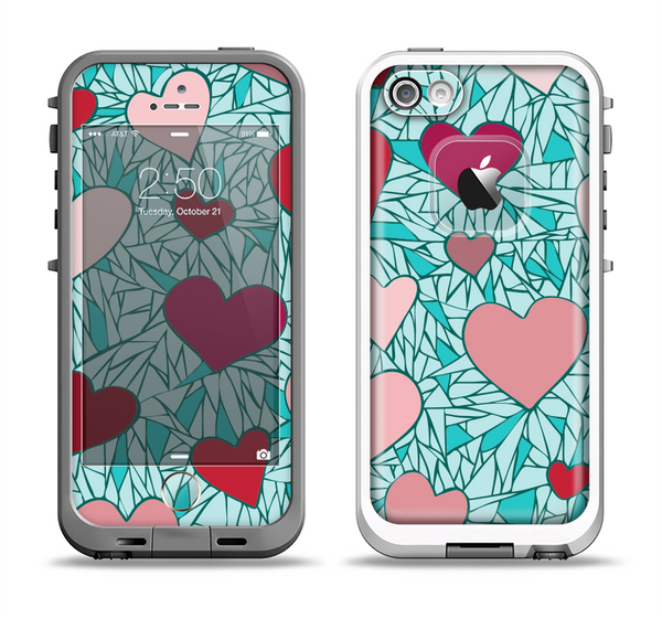 The Sharded Hearts On Teal Apple iPhone 5-5s LifeProof Fre Case Skin Set