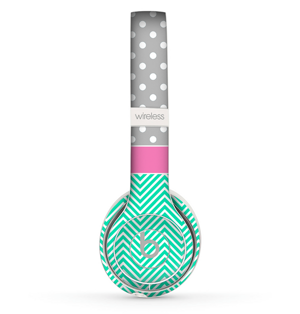 The Sharp Chevron White and Mint Green with Light Gray Polka and Pink Stripe Skin Set for the Beats by Dre Solo 2 Wireless Headphones