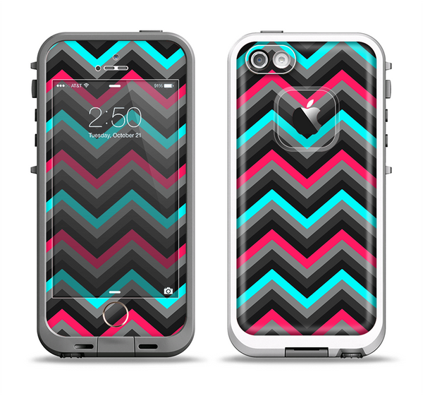 The Sharp Pink & Teal Chevron Pattern Apple iPhone 5-5s LifeProof Fre Case Skin Set