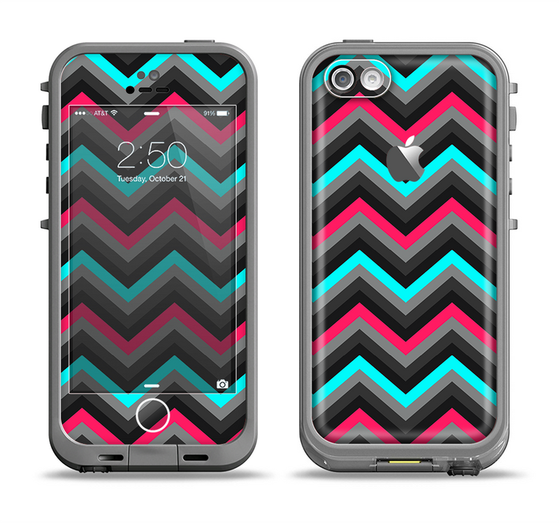 The Sharp Pink & Teal Chevron Pattern Apple iPhone 5c LifeProof Fre Case Skin Set