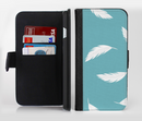 The Simple White Feathered Blue Ink-Fuzed Leather Folding Wallet Credit-Card Case for the Apple iPhone 6/6s, 6/6s Plus, 5/5s and 5c