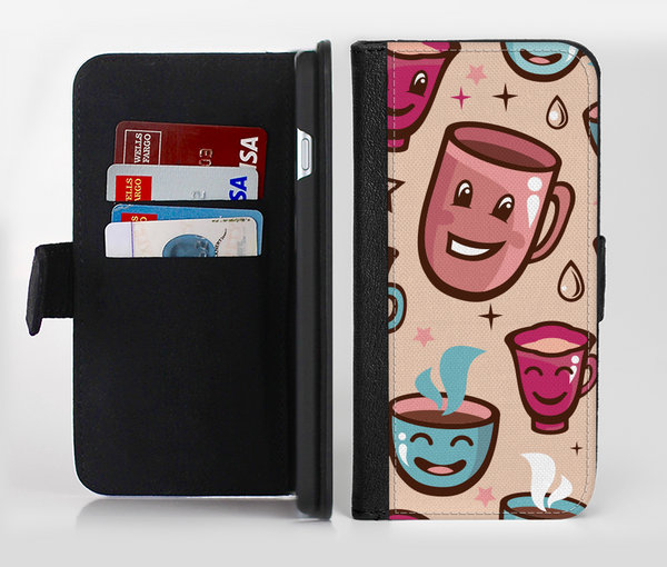 The Smiley Coffee Mugs Ink-Fuzed Leather Folding Wallet Credit-Card Case for the Apple iPhone 6/6s, 6/6s Plus, 5/5s and 5c