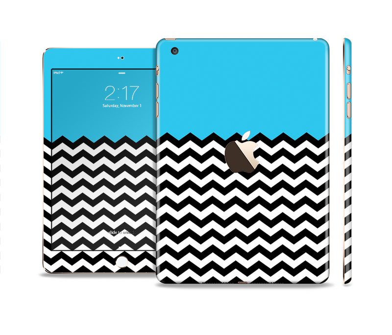 The Solid Blue with Black & White Chevron Pattern Full Body Skin Set for the Apple iPad Mini 3