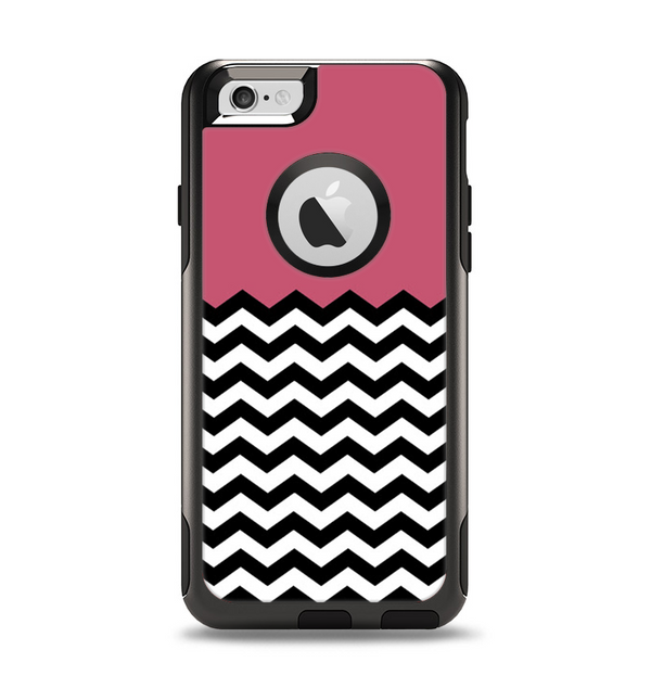 The Solid Pink with Black & White Chevron Pattern Apple iPhone 6 Otterbox Commuter Case Skin Set