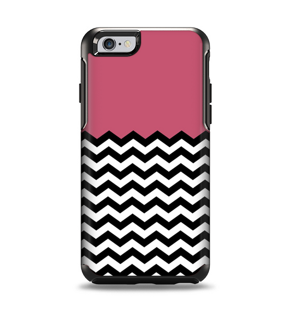 The Solid Pink with Black & White Chevron Pattern Apple iPhone 6 Otterbox Symmetry Case Skin Set
